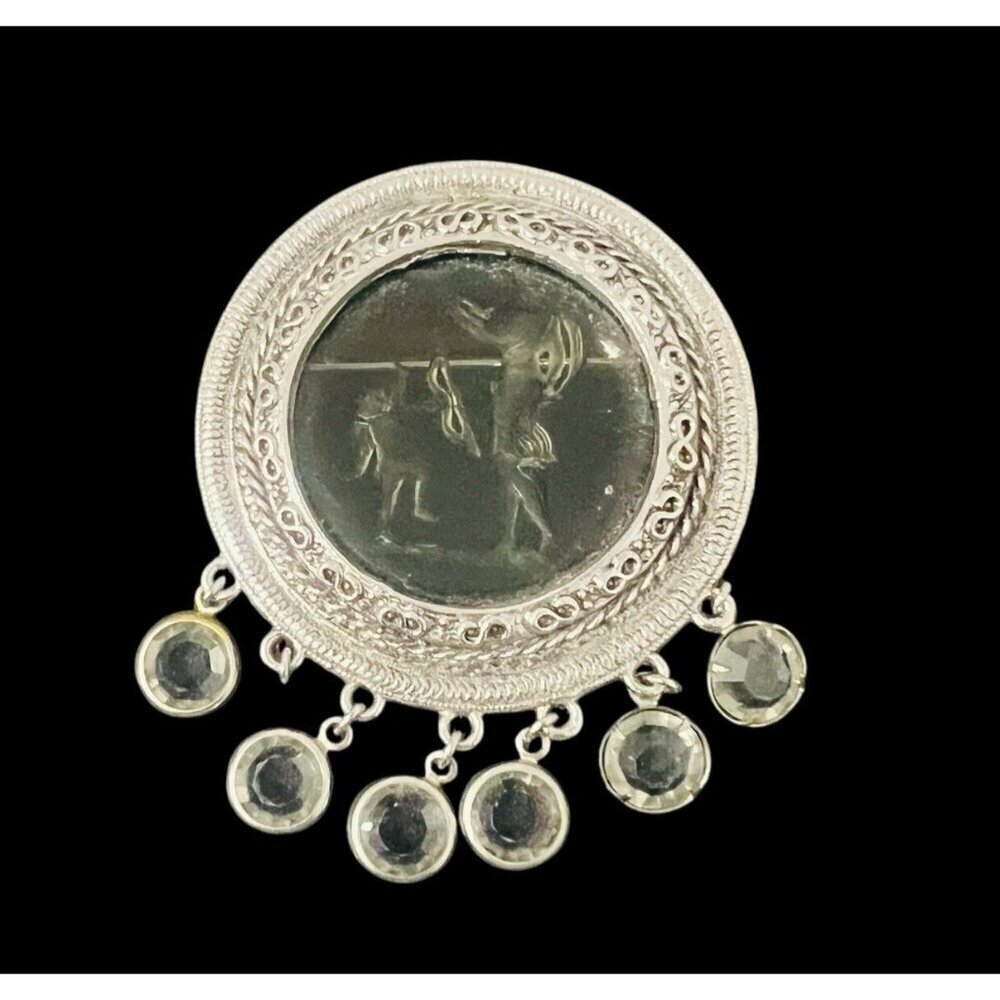 Goldette Intaglio Cameo Cupid & Venus Brooch Art Deco Silver Tone